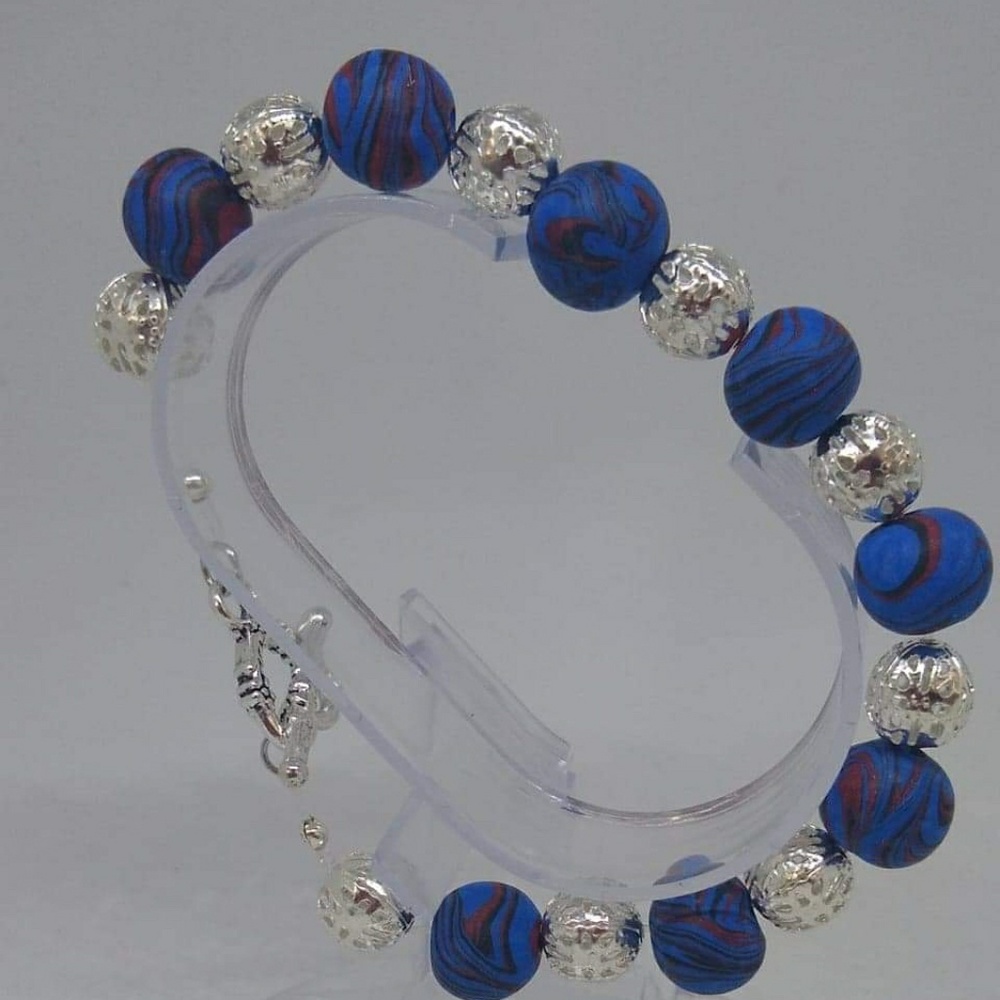 Unique Handmade Marbled Blue, Black & Silver Beaded Toggle Bracelet